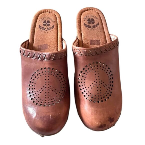 Lucky Brand Peace Sign Leather Wooden Clogs - Picture 2 of 7